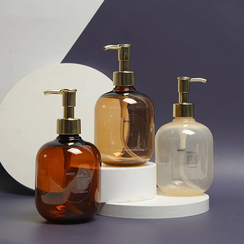Bouteille ronde vide en plastique PET, 300/500ml, ambre, pour revitalisant, Lotion pour le corps, or, pompe pour shampoing