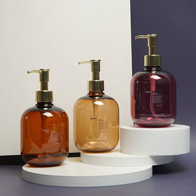 Bouteille ronde vide en plastique PET, 300/500ml, ambre, pour revitalisant, Lotion pour le corps, or, pompe pour shampoing Bouteille ronde vide en plastique PET, 300/500ml, ambre, pour revitalisant, Lotion pour le corps, or, pompe pour shampoing