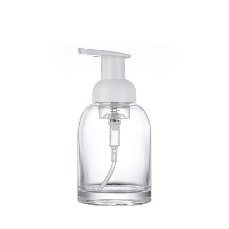 Emballage cosmétique transparent givré réutilisable de 250ml 375ml, nettoyant pour le visage, shampoing, pompe moussante, bouteilles de savon pour les mains en verre Emballage cosmétique transparent givré réutilisable de 250ml 375ml, nettoyant pour le visage, shampoing, pompe moussante, bouteilles de savon pour les mains en verre
