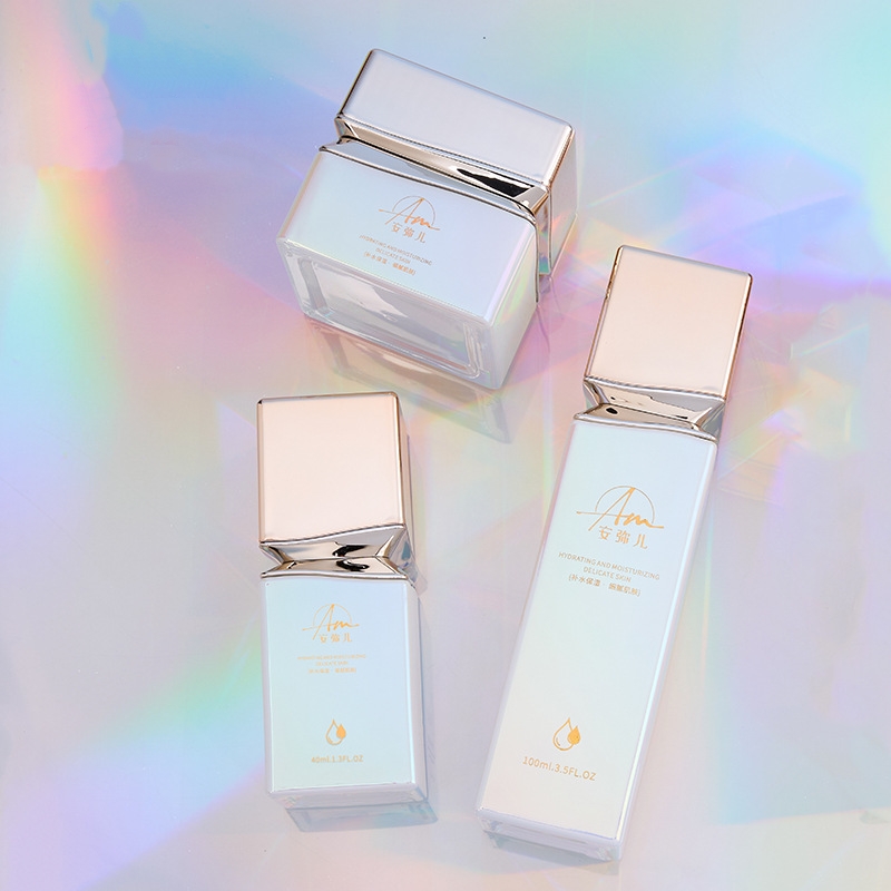 Pot à crème carré en verre à effet irisé pour crème visage et crème yeux Pot à crème carré en verre à effet irisé pour crème visage et crème yeux