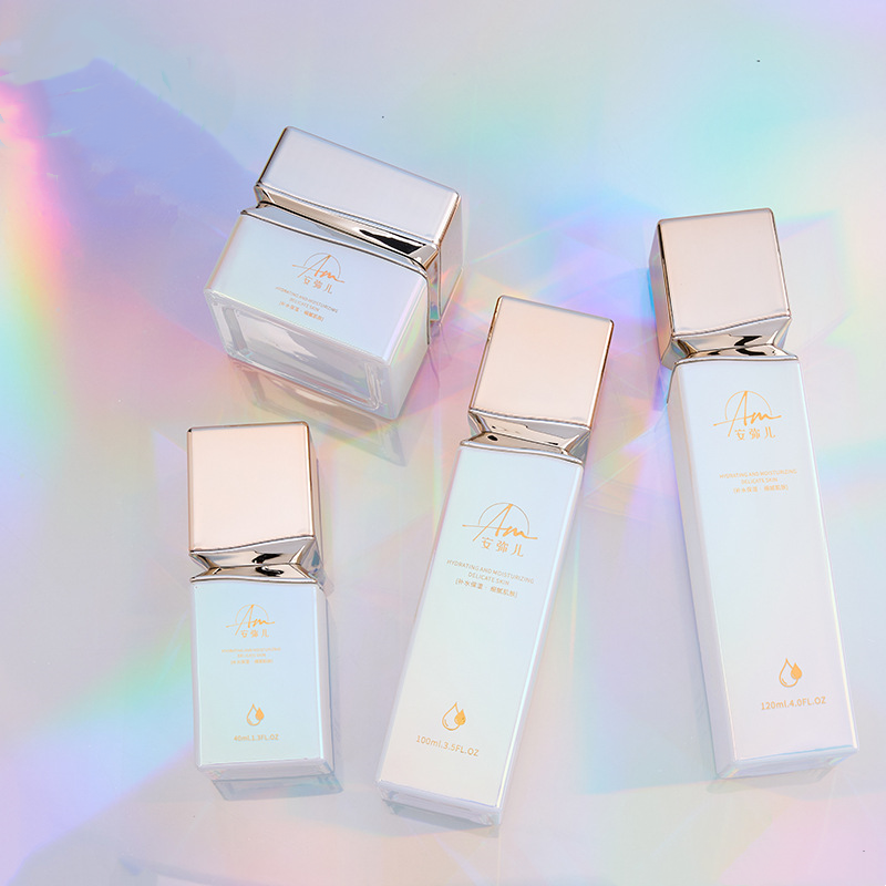 Pot à crème carré en verre à effet irisé pour crème visage et crème yeux