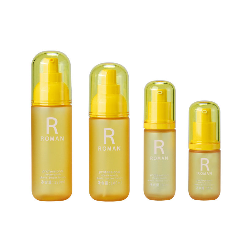 Bouteille de démaquillant jaune en Pet, 30ml, 50ml, 100ml, 120ml, pour le visage, à pression ronde, pour crème corporelle, 3.5oz, pour Lotion Bouteille de démaquillant jaune en Pet, 30ml, 50ml, 100ml, 120ml, pour le visage, à pression ronde, pour crème corporelle, 3.5oz, pour Lotion