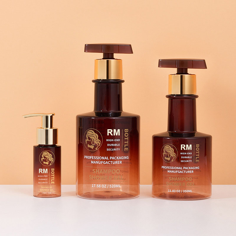 Échantillon gratuit ambre noir or Long cou bouteille de shampoing vide bouteille de lavage des mains en plastique Lotion pour le corps bouteilles à pompe 300 ml 500 ml